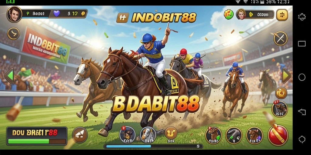 Screenshot INDOBIT88 menampilkan aksi balapan seru dengan mobil cepat dan lintasan menantang.