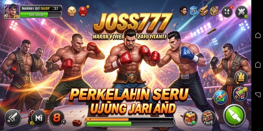 Gameplay JOSS777 dengan karakter bertarung di arena yang intens.