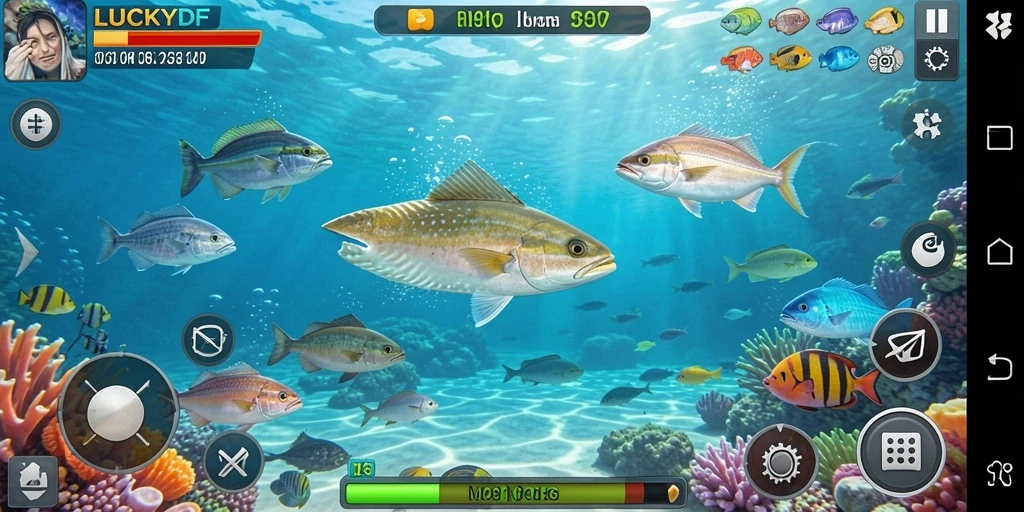 Gameplay seru LUCKYDF saat berburu ikan di lautan.