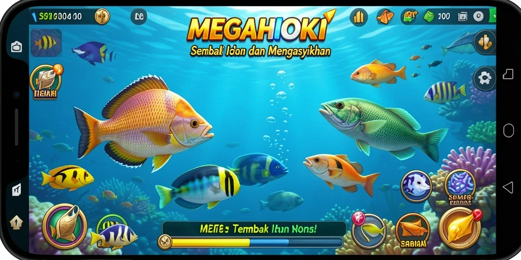 Gameplay seru dalam MEGAHOKI saat menangkap ikan dengan berbagai senjata.