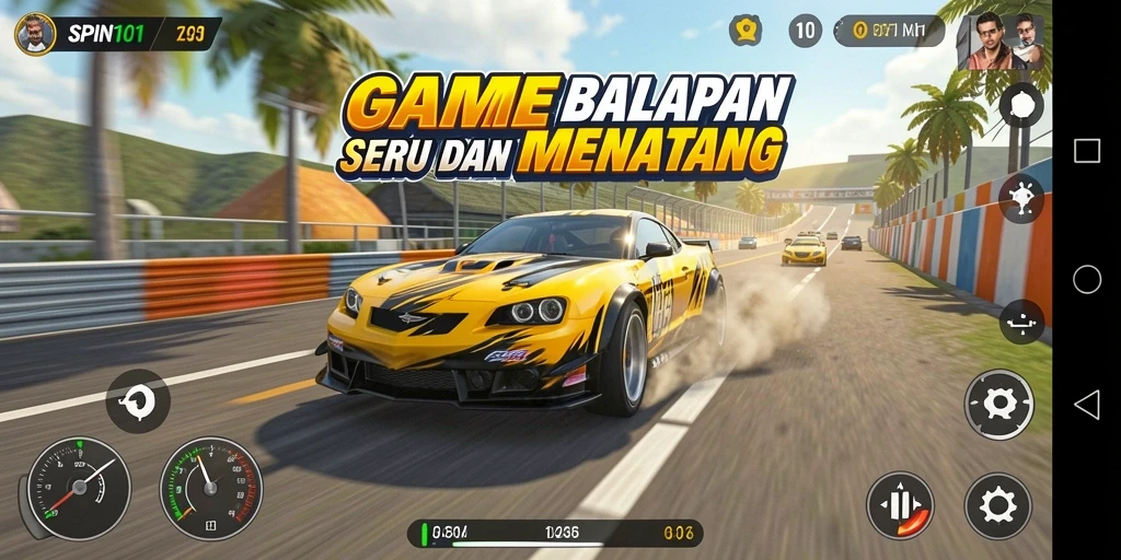 Tampilan screenshot SPIN101 menampilkan aksi balapan yang seru dan mendebarkan.