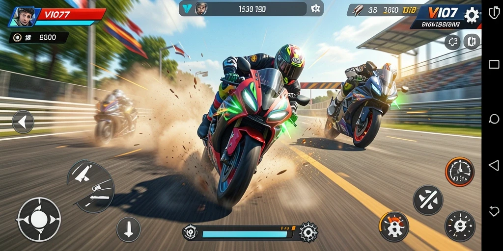 Tangkapan layar gameplay VIO77 menampilkan balapan motor yang seru dan cepat.