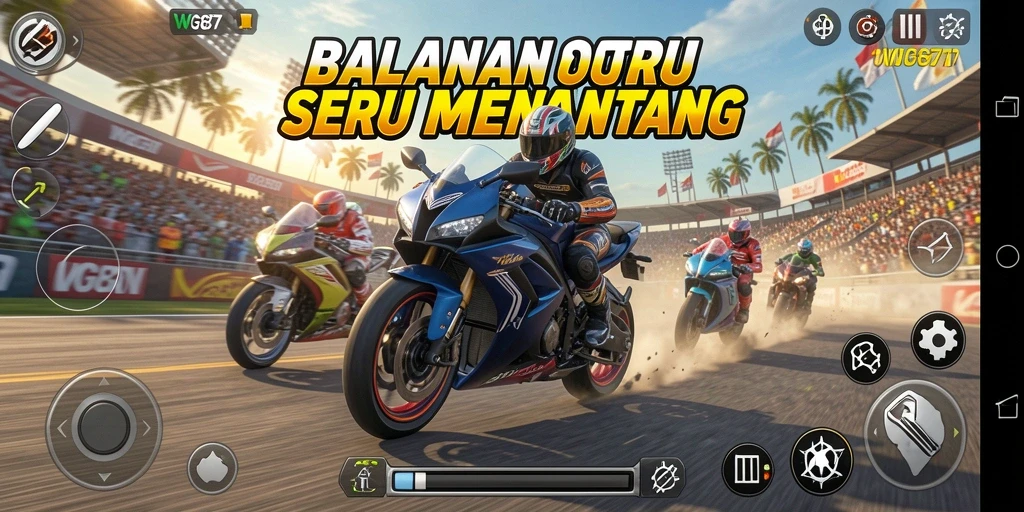 Tampilan balapan seru dalam game WG87 dengan motor menempel di lintasan.